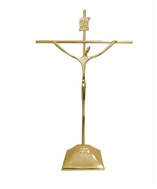 CRUCIFIXO COM BASE CRUZ REDONDA DOURADO REF 11 25X13 CM